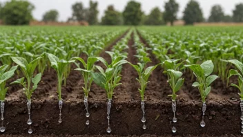 En dråpeirrigasjonssystem i et jordbruksfelt, med små vann dråper som blir frigjort fra rørene og når røttene til plantene.