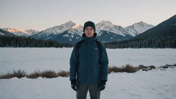 En person i vinterklær, stående i et snølandskap med en fjellkjede i bakgrunnen.