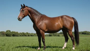 En sterk og muskuløs hest med en skinnende pels, som står i en grønn eng med en blå himmel i bakgrunnen.