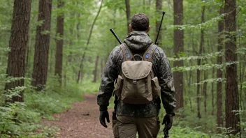 En person på jaktetur, går gjennom skogen med en rifle og en ryggsekk