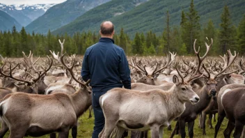 En viltpleier i Norge observerer en flokk reinsdyr i deres naturlige habitat.