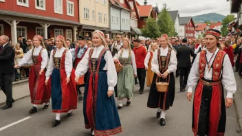 Et fargerikt og livlig bilde av en tradisjonell norsk stortog, med mennesker i alle aldre kledd i fargerike kostymer, som spiller musikk og danser gjennom gatene.