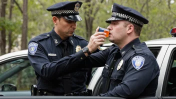 En politibetjent i uniform holder en alkoholmåler og står ved siden av en sjåfør som blåser i måleren