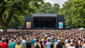 En sommerbegivenhet med en scene og en folkemengde, satt i en park eller annet grønt område.