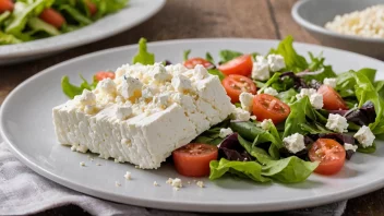 En blokk med smuldret fetaost på en tallerken med en salat i bakgrunnen