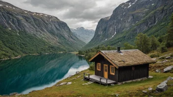 Et koselig norsk hytte i fjellet med en innsjø i bakgrunnen