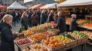 En travel og fargerik markedsplass med mennesker i alle aldre som brows gjennom boder som selger lokale varer, håndverk og mat