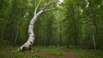 En vridtbjørk med en unik form, stående alene i en skog.