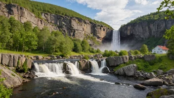 Et idyllisk bilde av Eidsfoss landsby omgitt av frodig vegetasjon og Eidsfossen foss.