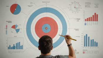 En illustrasjon av en person som fokuserer på et mål med en målestokk i bakgrunnen, omgitt av grafer og diagrammer som viser økende resultater.