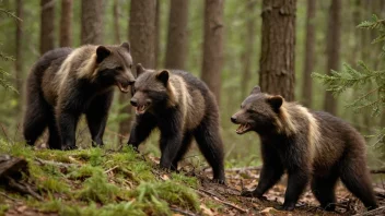 En gruppe jerver i en skog, som samarbeider for å jakte og samle mat.