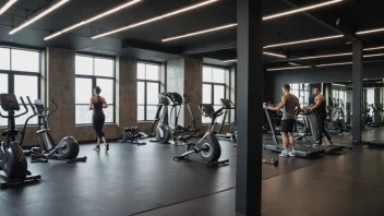 Et moderne fitnessstudio med ulike treningsapparater og mennesker som trener