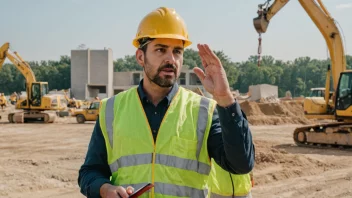 En byggeplass med en leder i en gul vest og en hard hatt, som dirigerer arbeidere og overvåker byggeprosessen.