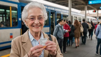 En eldre person som holder en billett, med et mildt smil på ansiktet, foran en offentlig transportbakgrunn.