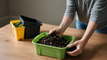 En person som holder en resirkuleringsbehålder og en kompostbehålder, med en bakgrunn av en ren og grønn miljø.