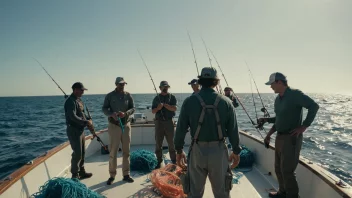 En gruppe mennesker i fiskeutstyr på en båt i havet