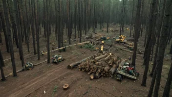 En skog med trær som hugges og bearbeides av maskiner og mennesker.