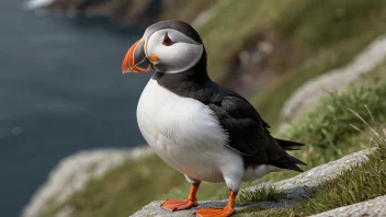 En lundeung sitter på en stein, med havet i bakgrunnen.