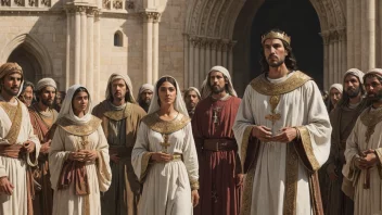 Et bilde som representerer arianistbevegelsen, med en gruppe mennesker i antikke klær og en diskret bakgrunn av en kirke eller en katedral.