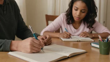 En person som skriver i en dagbok med et familiefoto i bakgrunnen