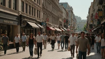 En travel handlegate i et bysentrum med ulike butikker og fotgjengere som går forbi.