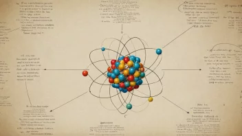 En illustrasjon av små atomer som kommer sammen for å danne et større objekt, med en subtil bakgrunn av filosofiske tekster og diagrammer.