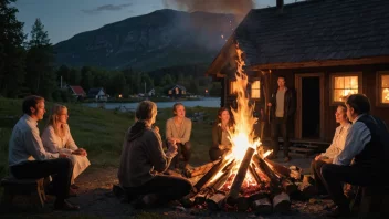 En sommerkveld med mennesker som feirer rundt et bål.