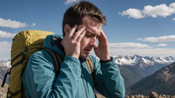 En person som sitter på en stein, holder hodet i hendene, med et fjellandskap i bakgrunnen.