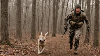 En person i jaktutstyr, løper i skogen med en hund, symboliserer jakttrening