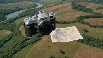 Et bilde som illustrerer begrepet fotogrammatikk, med et kamera og et kart i forgrunnen og et landskap i bakgrunnen.