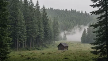 En fredelig skogscene med en koselig hytte, perfekt for en avslappende skogferie.