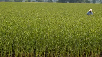 Eit jorde med linplantar og ein bonde i bakgrunnen som haustar plantane.