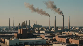 En stor fabrikk med skorsteiner og en travel industriområde i bakgrunnen, som representerer landets hovedindustri