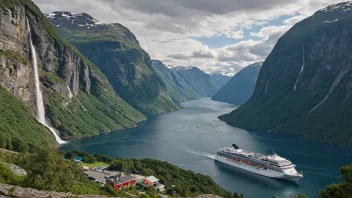 Et malerisk bilde av en norsk fjord med et cruiseskip og turister, som viser landets naturskjønnhet og turistindustri.