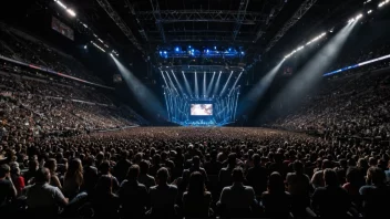 En stor, moderne arena som verts en konsert med tusenvis av deltakere.