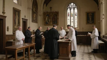 Et sakristirom i en kirke med et bord, stoler og et skap for å lagre liturgiske drakter og kar.