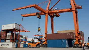 En containerheis løfter en container i en travel havn