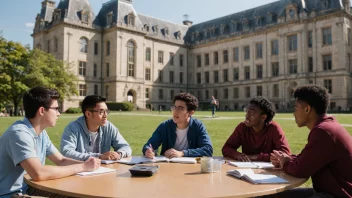 En gruppe studenter fra ulike bakgrunner samlet rundt et bord, engasjert i en diskusjon med en stor universitetsbygning i bakgrunnen.