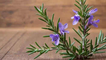 En rosemariplante med grønne blader og lilla blomster.