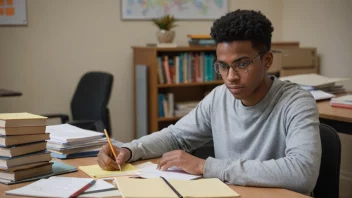 En student som forbereder seg til en eksamen ved å lese bøker og ta notater.