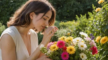 En person som lukter på en bukett med nyklippet blomster i en hage på en solrik dag.