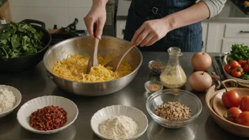 En person som lager mat i et kjøkken med ulike ingredienser og kjøkkenredskaper