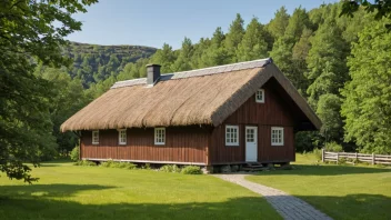 Et tradisjonelt norsk låvehus med stråtak og trevegger.