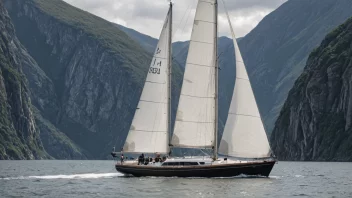 En turbåt som seiler på en fjord med fjell i bakgrunnen.