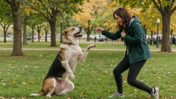 En person leker med en hund i en park, begge har det gøy.