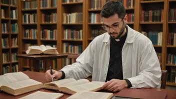 En person som studerer liturgi og gudstjeneste i et bibliotek med bøker og papirer spredt rundt