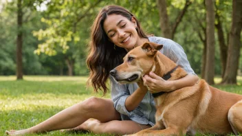 En person viser kjærlighet til en glad hund i en naturlig setting.