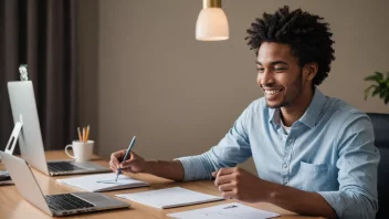 En person som sitter ved et skrivebord, med et fullført prosjekt foran seg, smiler og ser lettet ut.