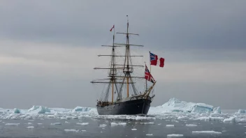 Et skip som seiler i isfylte farvann med et flagg på masten