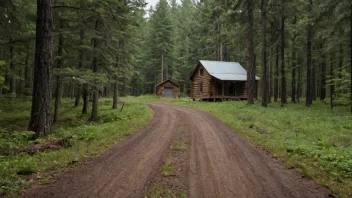 En skog med en liten hytte eller hus i bakgrunnen.